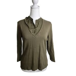 Lauren By Ralph Lauren Green Long Sleeve Blouse With Button-up V-neck